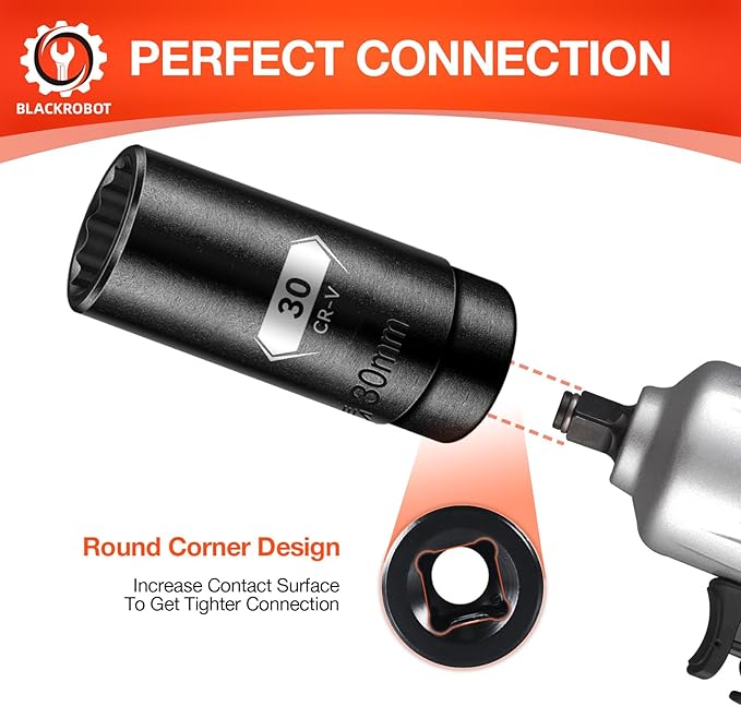 BLACKROBOT 30 mm 12-Point Deep Impact Socket, 1/2 Inch Drive, Metric, Cr-V Steel With Black Manganese Phosphate Coating