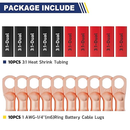 haisstronica 10pcs 1 AWG - 1/4" (M6) Battery Cable Lugs, Heavy Duty Copper Wire Lugs with 10pcs 3:1 Adhesive Heat Shrink Tubing, 1 Gauge Wire Connectors Battery Terminal Connectors, Battery Cable Ends