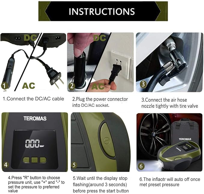 TEROMAS Tire Inflator Portable Air Compressor, Air Pump DC/AC for Car Tires 12V DC and Other Inflatables at Home 110V AC, Digital Electric Tire Pump with Pressure Gauge(Green)