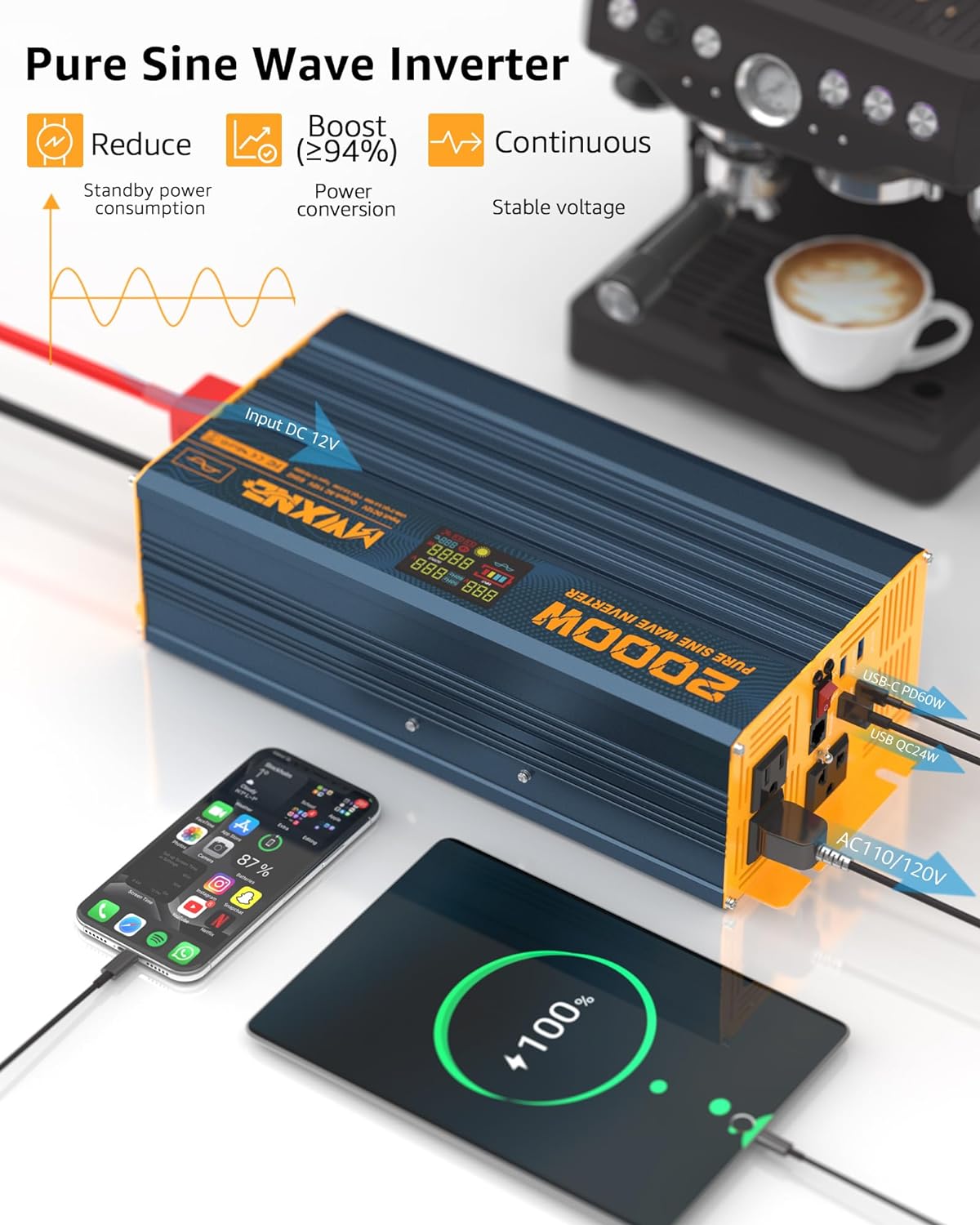 2000W Pure Sine Wave Power Inverter DC 12V to 110V 120V AC with 4 Quick Charging USB Ports& 3 AC Outlets Power Inverters for Vehicles RV Truck Home with LCD Display and Remote Controller