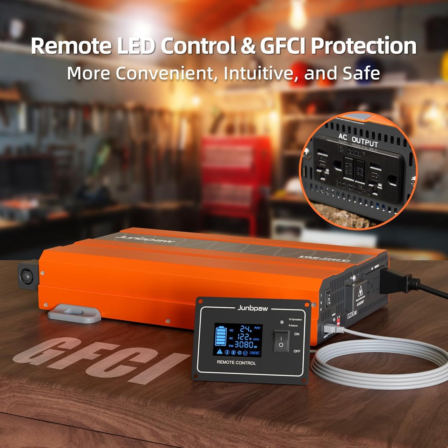 3080W Pure Sine Wave Inverter, 24V DC to 110V/120V AC, 9000W Peak, 5V/2.1A USB, Quiet Fan, Capacitor, Off-Grid Solar Power for RV, Camping, Emergency, Truck (LGE-24-3080TI)