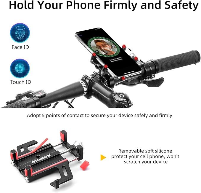 ROCKBROS Bike Phone Holder, Motorcycle Phone Mount, Anti-Shake Cell Phone Holder, 360° Adjustable for iPhone 16, 15 Pro Max/Plus, S9, S10 and More 4.7" to 7" Smartphones，Black