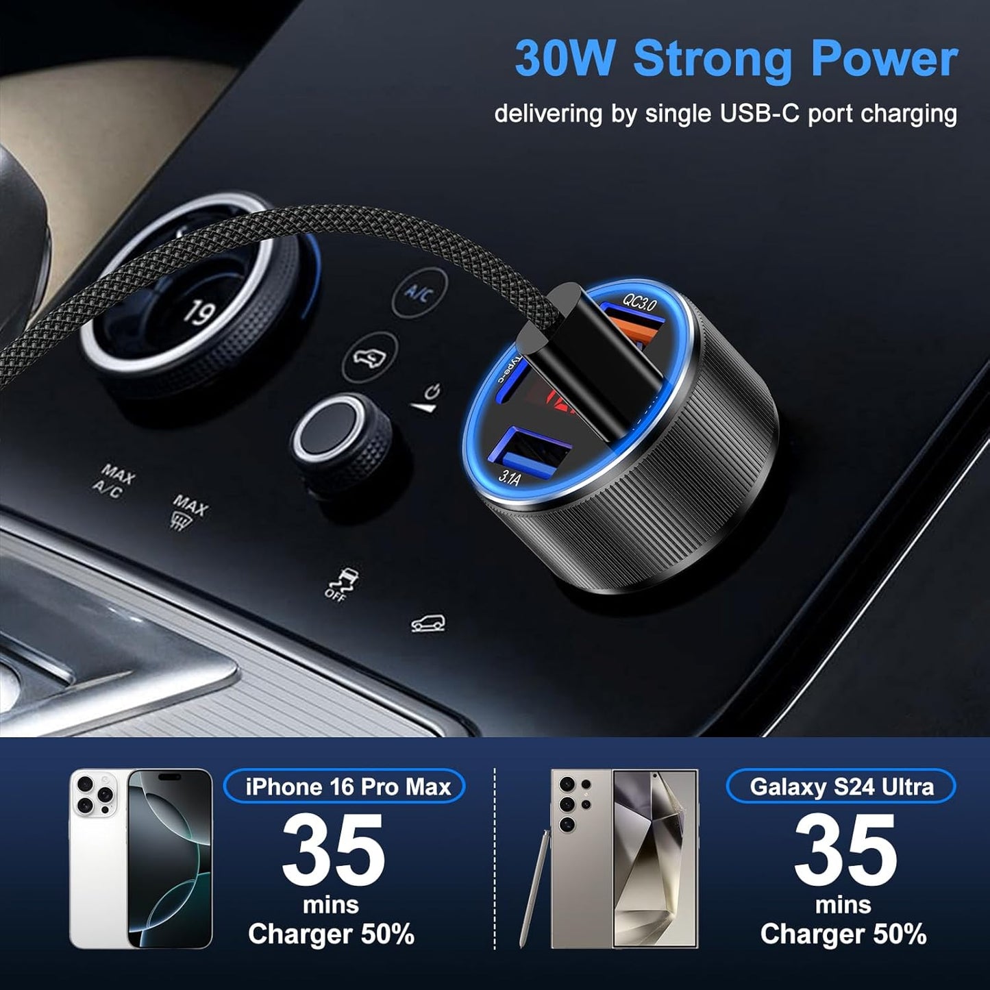 Car Phone Charger, Besgoods USB C Car Charger Adapter 4 Ports with Voltmeter PD&QC Fast Charging Cigarette Lighter USB Charger for iPhone 16 15 14 13 12 Galaxy S24 S23 A54 A15 Dash Cam Car Acc, 2Pack