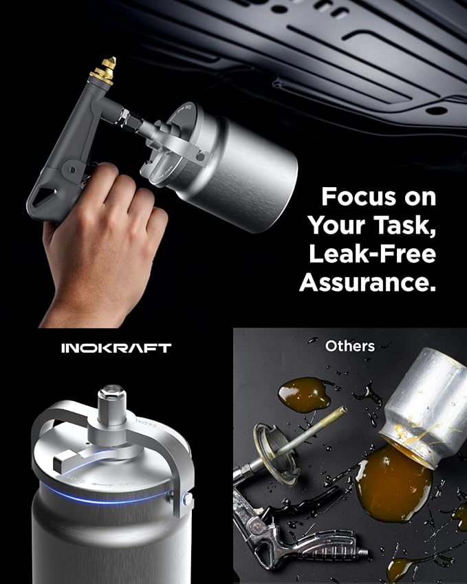 InoKraft Undercoating Spray Gun with Suction Feed Cup, 360° & Straight Spray Hoses, for Truck Bed Liner Coating, Rubberized Undercoat, Rust Proofing