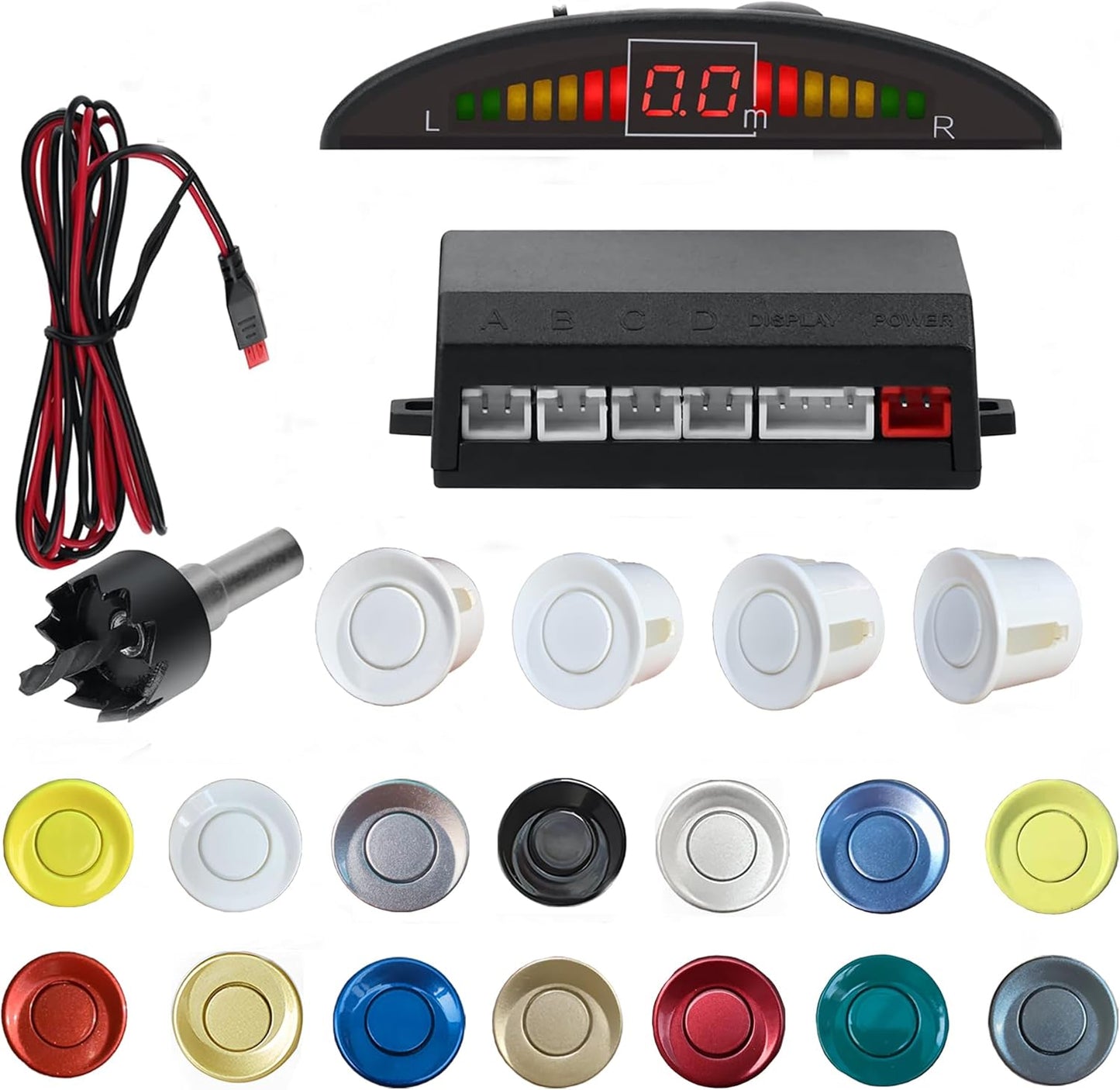 Parking Sensor Kit Backup Sensor Kit Reverse Sensor for Car 16 Color Options for Probes Adjustable Alarm Volume Professional Sensore de Reversa para Carro Safe Driving Assistant（White）