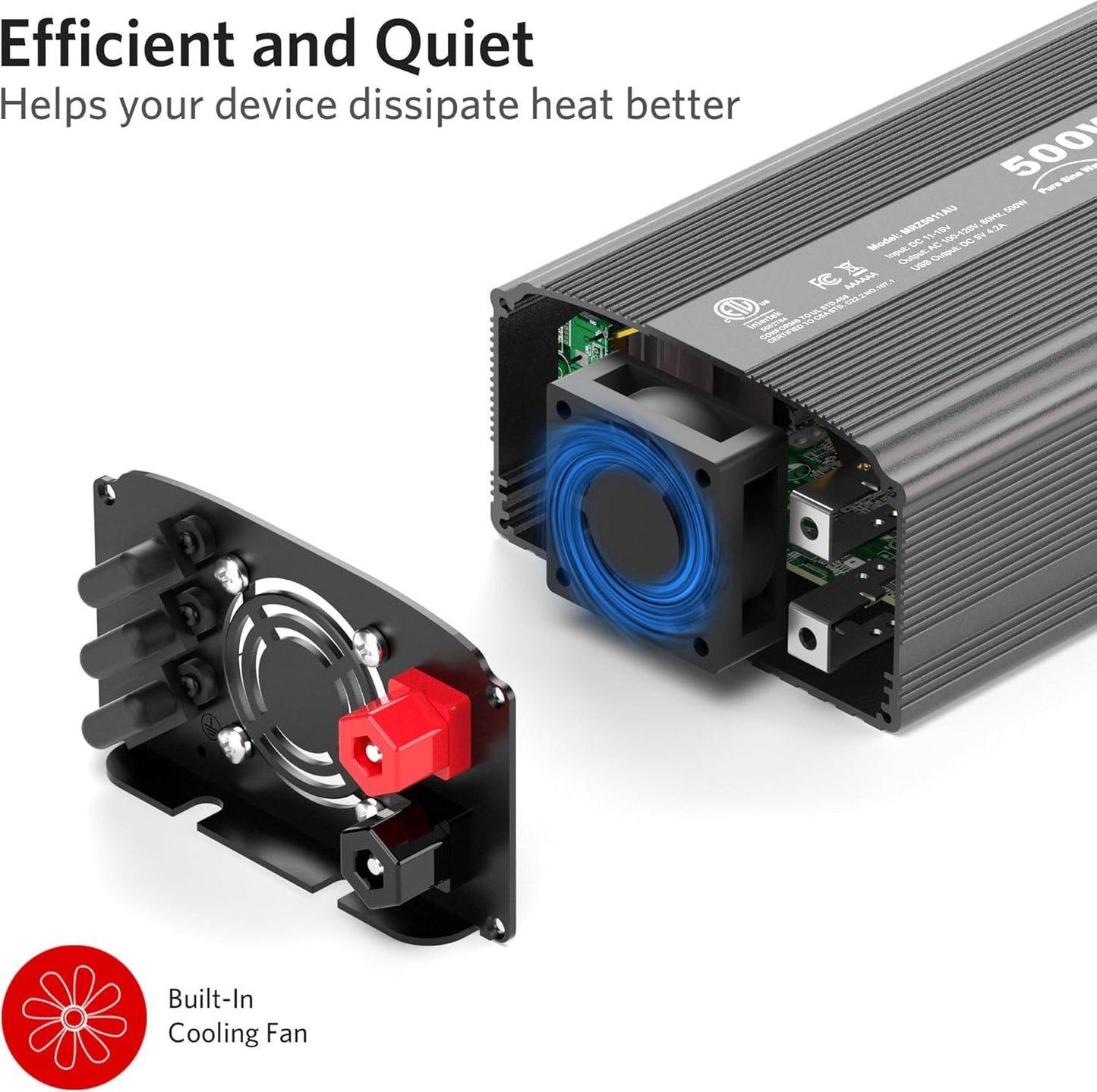 500W Pure Sine Wave Power Inverter, DC 12V to 110V AC Car Plug Inverter Adapter with 4.2A Dual USB Charging Ports and 2 AC Outlets Car Charger (Black)