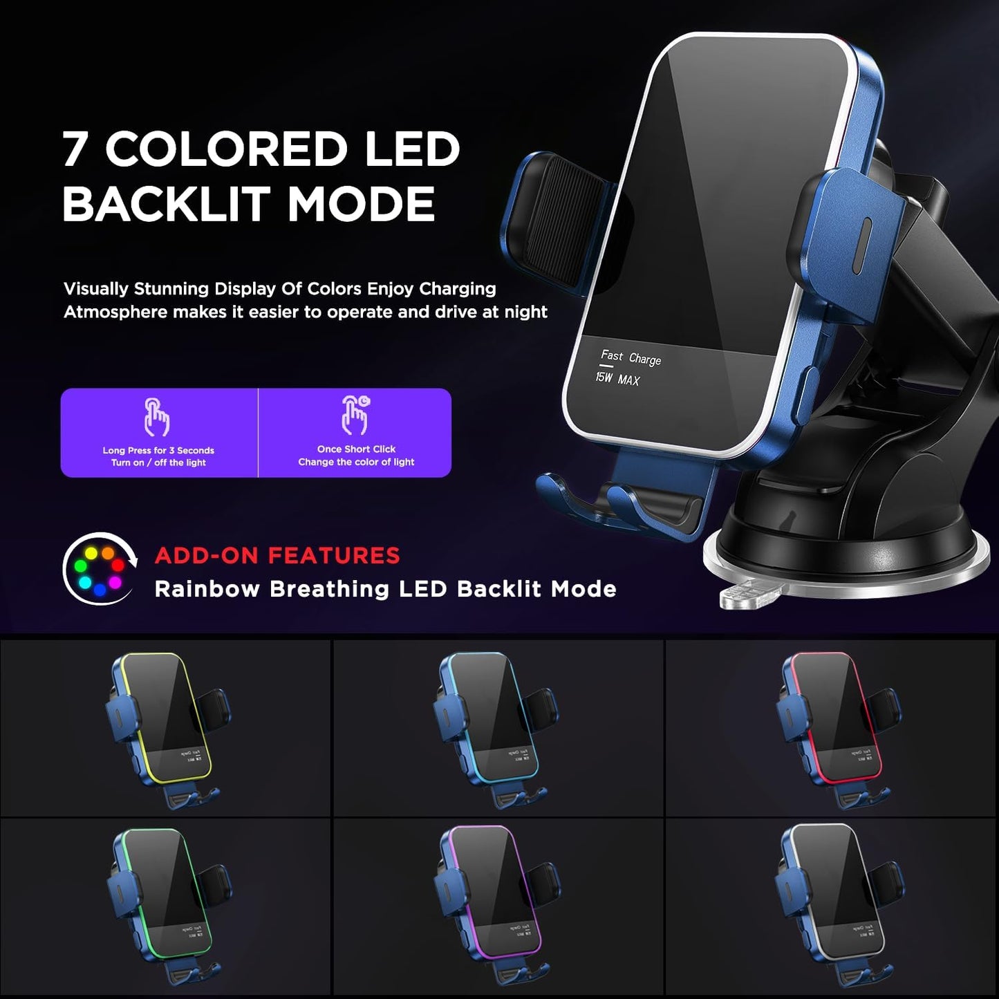Wireless Car Charger,【7 Colored LED Backlit】15W Auto Clamping Car Charger Phone Mount Holder fit for iPhone 14 13 12 Mini Pro Max 11 XR XS X, Samsung Galaxy S23 Ultra S22 S21+ S10+ Note 20, etc - Blue