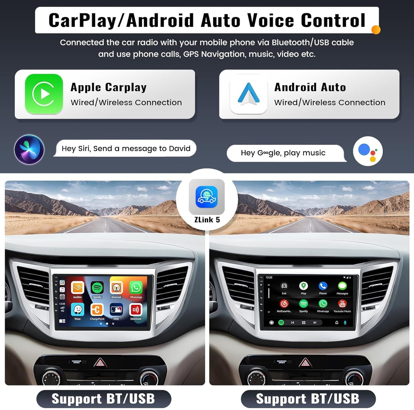 2G+64G 9 Inch Android Car Stereo for Hyundai Tucson 2015-2018 Radio Wireless Apple CarPlay Android Auto Bluetooth Touchscreen GPS Navigation Head Unit WiFi FM USB SWC Split Screen+AHD Backup Camera