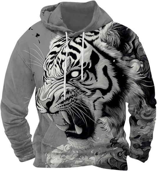 Mens Animal Print Graphic Hoodies Casual Long Sleeve Japanese Art Style Hooded Sweatshirt Lightweight Pullover Tops