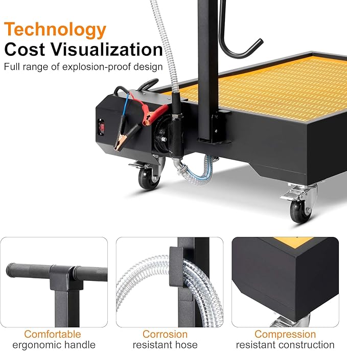Oil Drain Pan, 21 Gallons Low Profile Oil Change Pan, Large Capacity Rolling Oil Drain Cart, Adjustable Hand, with Pump, Hose, Swivel Casters Wheels, Heavy-Duty for Trucks, RVs, SUVs