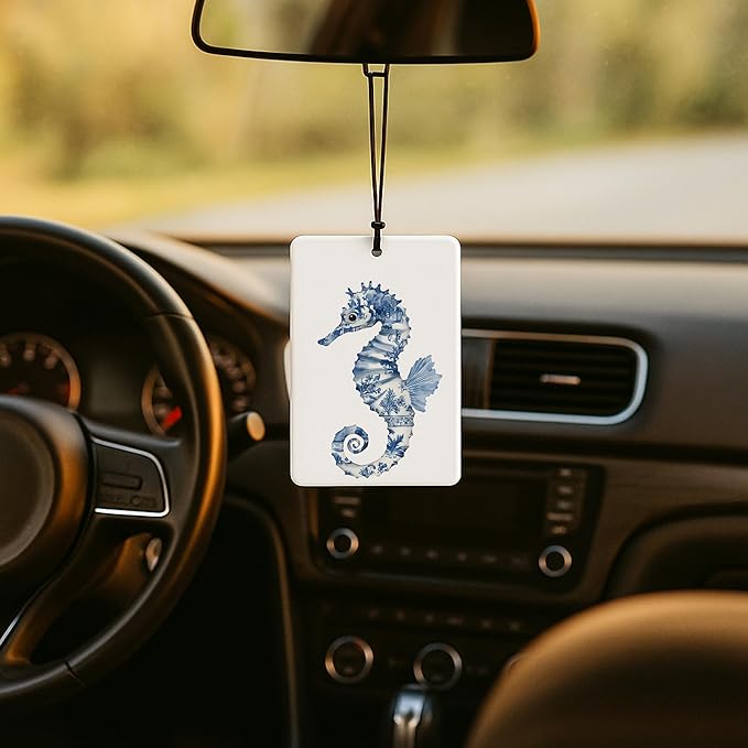Blue and White Porcelain Beach Car Air Freshener 4 Pcs, Chinoiserie Coastal Seahorse Jellyfish Conch Crab Air Freshener Hanging for Cars Books Closet Drawer, Girly Car Accessories for Women