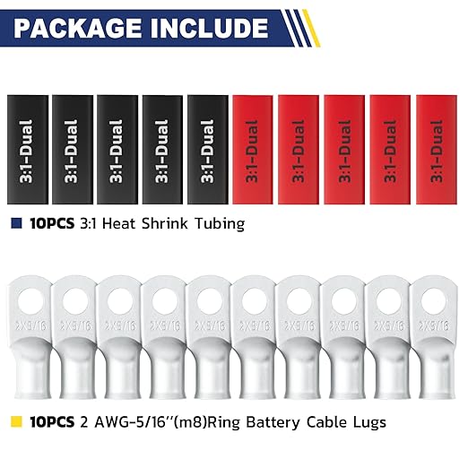 haisstronica 10pcs 2 AWG - 5/16" (M8) Tinned Copper Battery Lugs, Heavy Duty Copper Wire Lugs with 10pcs 3:1 Adhesive Heat Shrink Tubing, 2 Gauge Wire Lugs, Tinned Copper Battery Cable Ends
