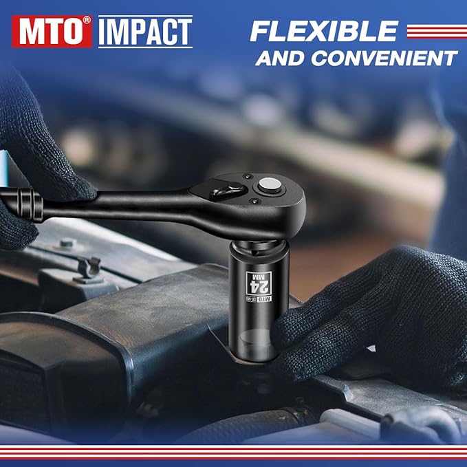 MTO 1/2" Drive 24mm Deep Impact Socket, 6 Pt. Metric Socket, CR-MO Steel & Anti-Corrosion Coating for Heavy-Duty Use