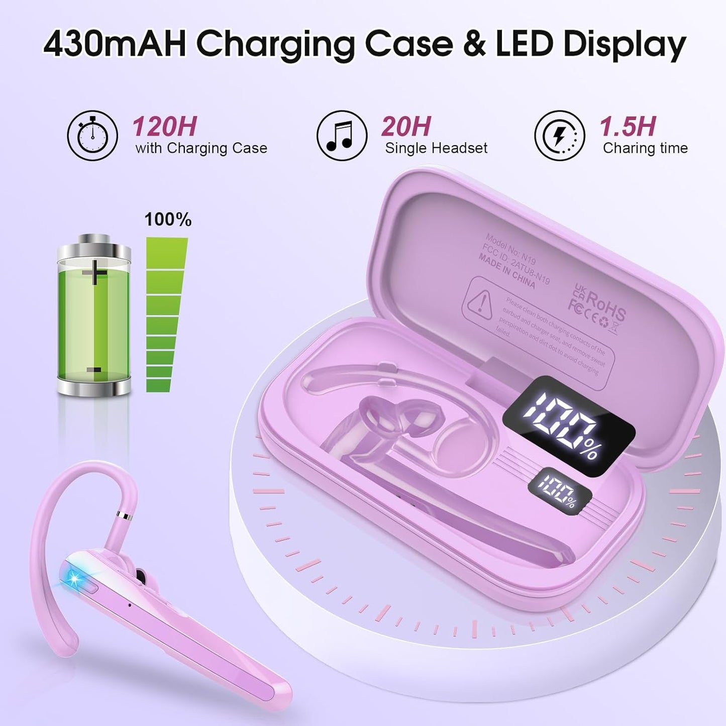 Bluetooth Headset V5.3, Wireless Earpiece with Dual ENC Noise Canceling Mic, 120H Hand-Free Talk Single-Ear Bluetooth Earpiece with LED Display, IP7 Waterproof Headphones for Trucker/Business, Purple