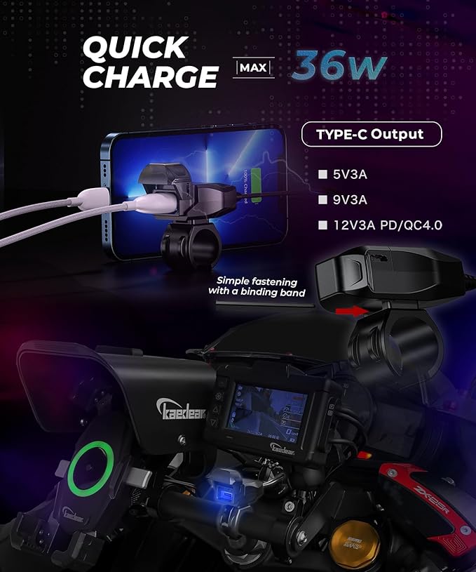KAEDEAR Motorcycle USB Power Supply Waterproof Phone Charging Port SAE DC 12V Fuse Power Switch, Type C + Type C, Ultra-Fast Charging 5V/9V/12V, Light-Guided USB Charger KDR-M3-CC