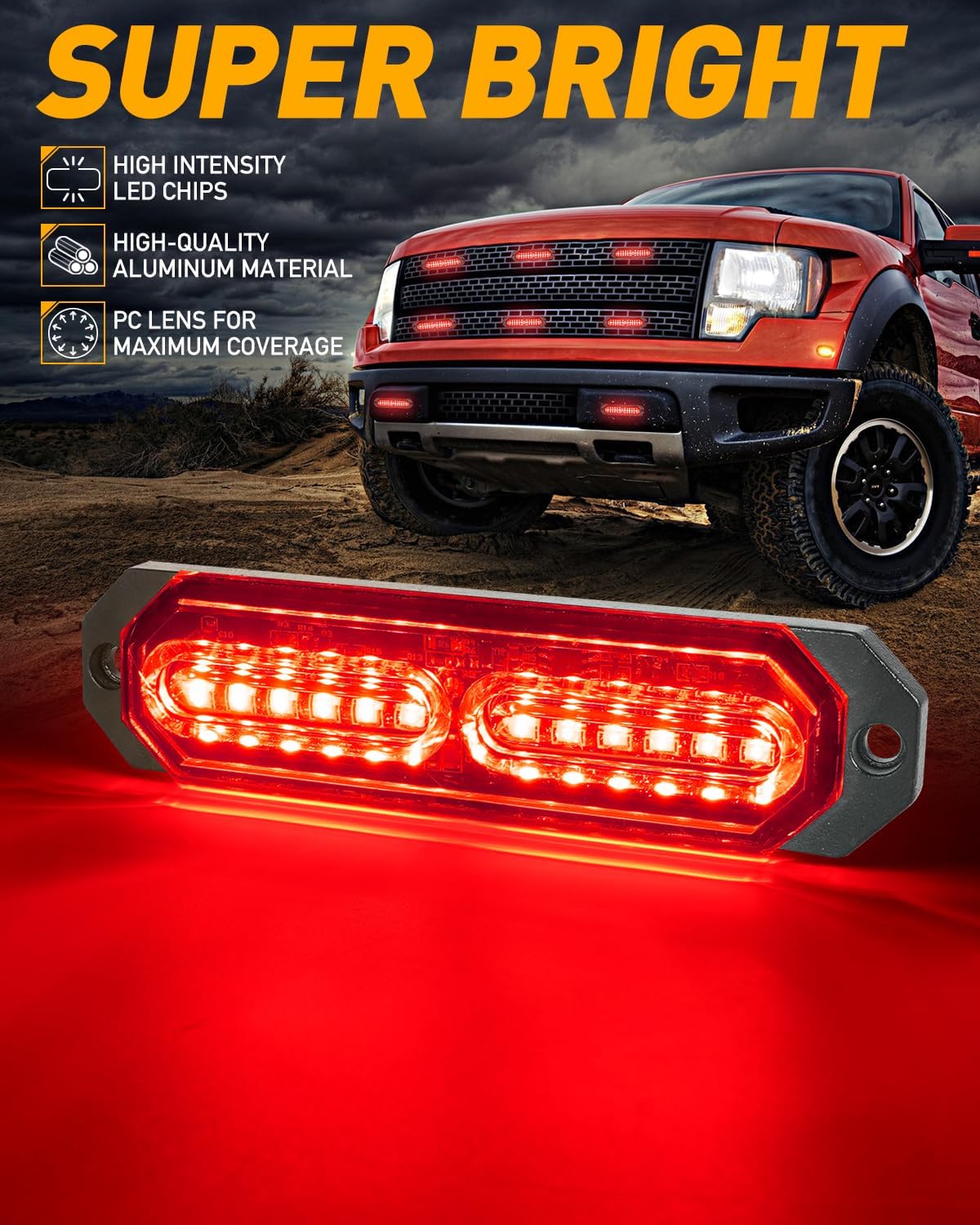 HLauto 1200T Emergency Strobe Grille Lights: 8pcs 12 LED Sync Feature Safety Warning Flashing Lights, Ultra Slim Surface Mount Hazard Caution Lights for Trucks, Vehicles, Car, ATV, UTV (Red)