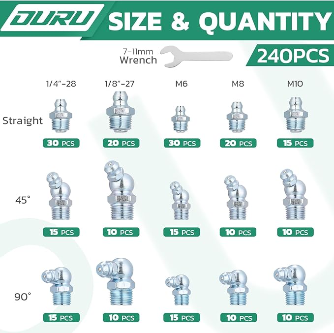 Grease Fittings Assortment, 240PCS SAE & Metric Zerk Grease Fittings NPT 1/4" 1/8" M6 M8 M10, Straight 45 90 Degree Grease Nipple with Wrench Kit(7-11mm) for Grease Gun