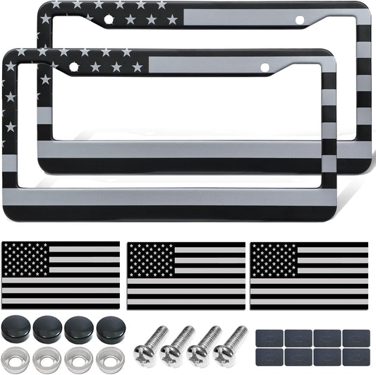 American Flag License Plate Frames - 2 Pack Black Stainless Steel Front Rear Car Tag Frames Printed with Patriotic USA Flag Pattern, with Decals Screws Caps