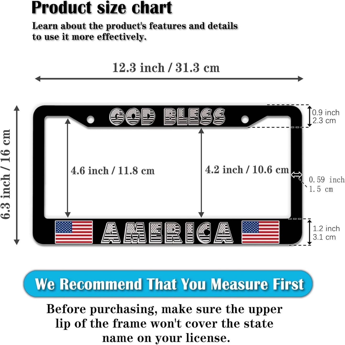 Car Plate Frame for Men Black and White License Plate Frames for Women God Bless America Aluminum Metal Car Accessory 2 Pack with Screw Covers Set