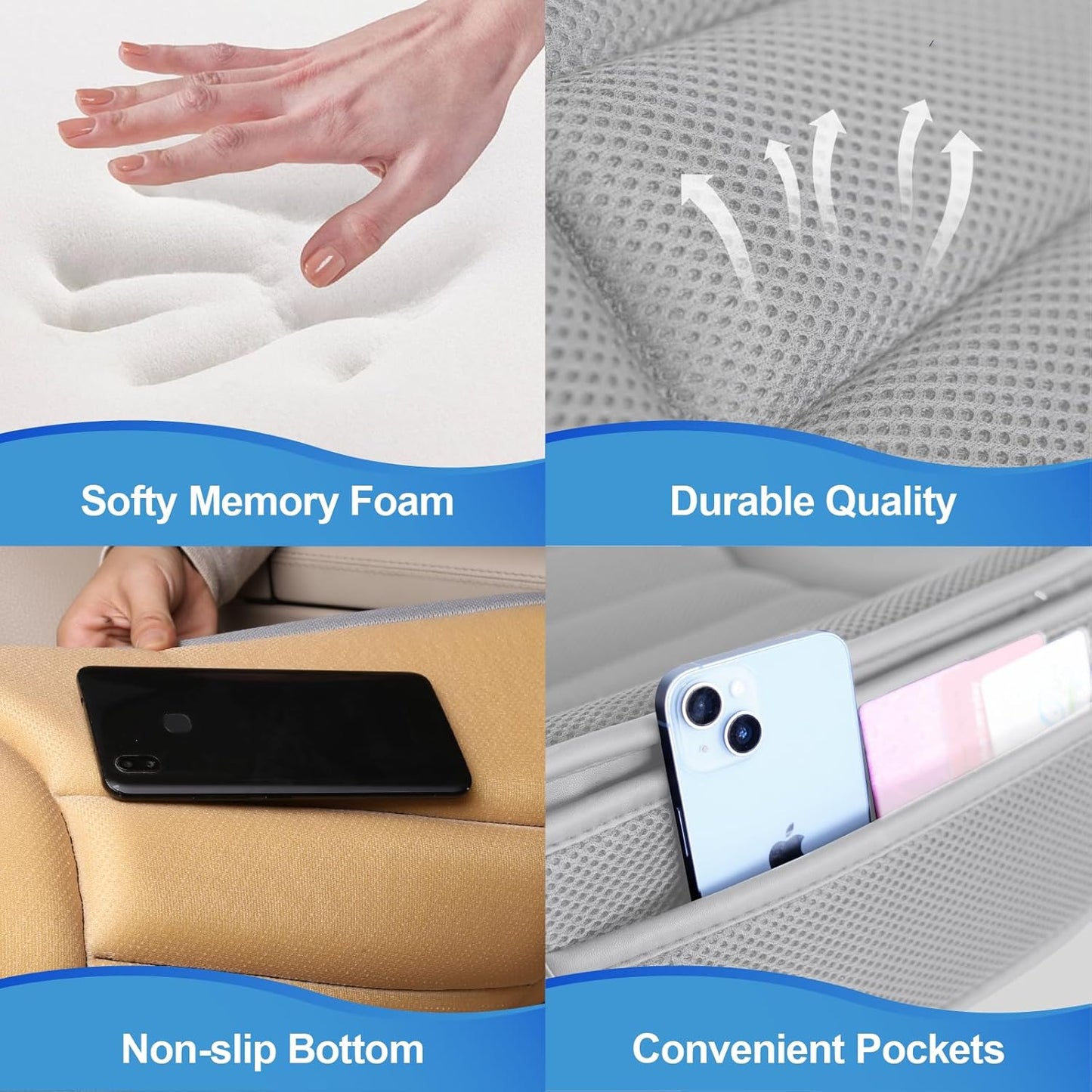 Car Seat Cushion, Driver Cushion with Comfort Memory Foam & Non-Slip Rubber Bottom, Car Seat Pad Works with 95% of Vehicles and Office Chair or Home - 4D Dark Grey