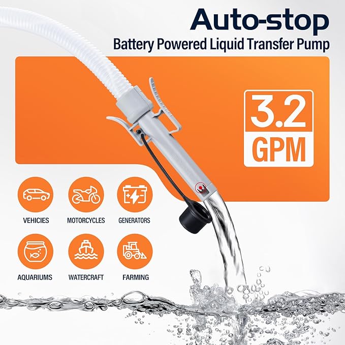Fuel Transfer Pump with Auto Stop Sensor Overfill Protection,Kit with 4 Tank Adapter, 3.2 GPM Portable Automatic Fuel Transfer Pump, Portable Gas Pump for Oil, Diesel, Gasoline (orange+Black)