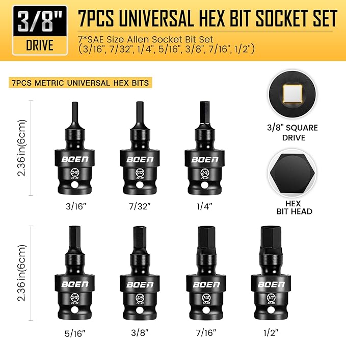 boen 3/8" Drive Universal Hex Bit Socket Set, 7-Piece SAE Impact Swivel Allen Bit Sockets, 360° Rotation Flexible Wobble Hex Bit Driver Socket Set, With Storage Rail, CR-MO Steel