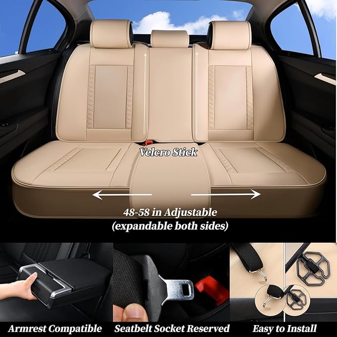 Coverado 9912 Car Seat Covers Full Set, Front Seat Cover and Back Seat Covers for Cars, Faux Leather Waterproof Seat Covers, Car Seat Covers Universal for Most Vehicles (Beige, FullSet)