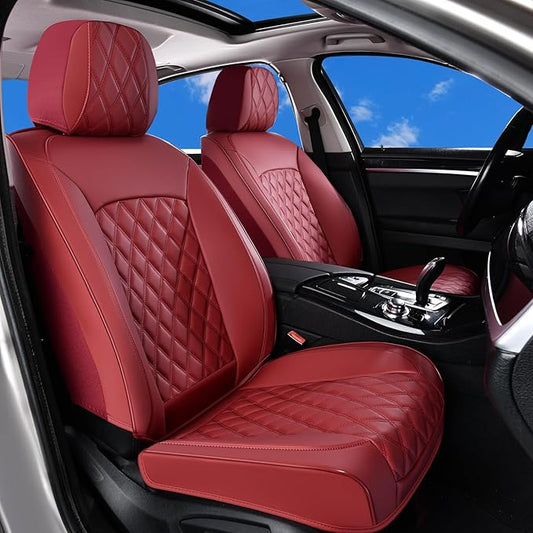 Huidasource Red Front Seat Cover, Nappa Leather Front Car Seat Cover, Side Elastic Fabric, Compatible with Airbags, Seat Belts, Universal Fit for Most Cars, Vans, Trucks, SUVs (Front Pair/Red)