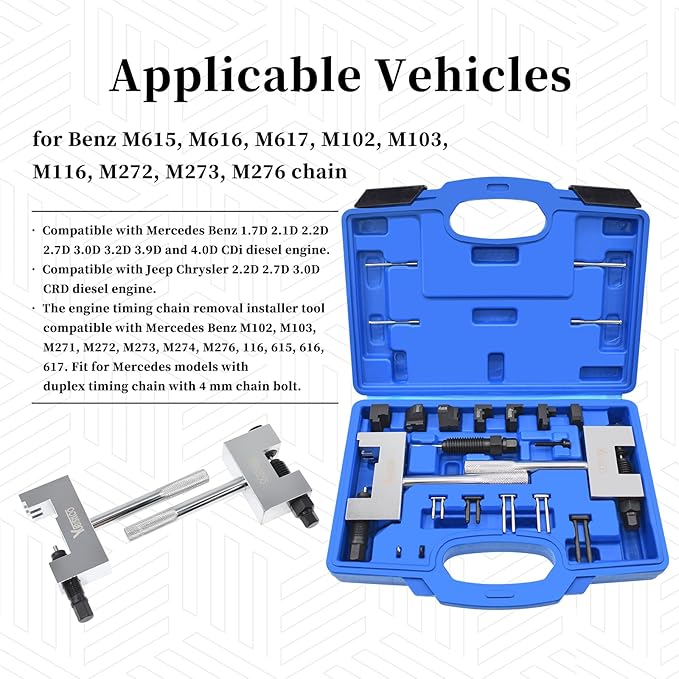 Engine Timing Chain Removal Installer Tool Kit, Camshaft Riveting Tool Kit, Compatible with Mercedes Benz M271 M272 M273 M274 M276 Chrysler Jeep, with Carrying Case & Gloves