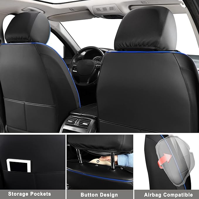 Huidasource Car Seat Covers Full Set, Leather Vehicle Cushion Covers, Universal Fit Most Car Sedan SUV Pickup Truck, Fit for Acura Honda City Nissan Altima Mazda Hyundai Audi (Full Set/Black&Blue)