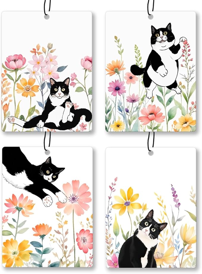 Floral Tuxedo Cat Car Air Freshener 4 Pcs, Black and White Cat Flower Hanging Scents Air Freshener for Women Girls Gifts, Cute Kitten Scented Car Accessories Decor for Room Closet Drawer