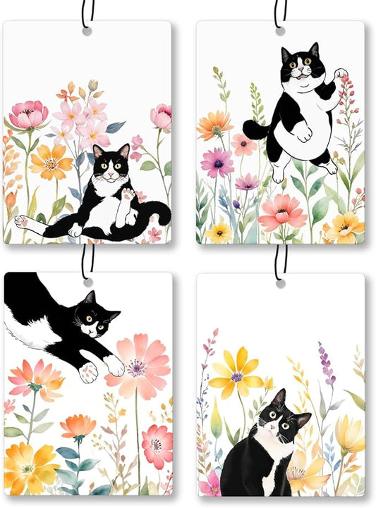Floral Tuxedo Cat Car Air Freshener 4 Pcs, Black and White Cat Flower Hanging Scents Air Freshener for Women Girls Gifts, Cute Kitten Scented Car Accessories Decor for Room Closet Drawer