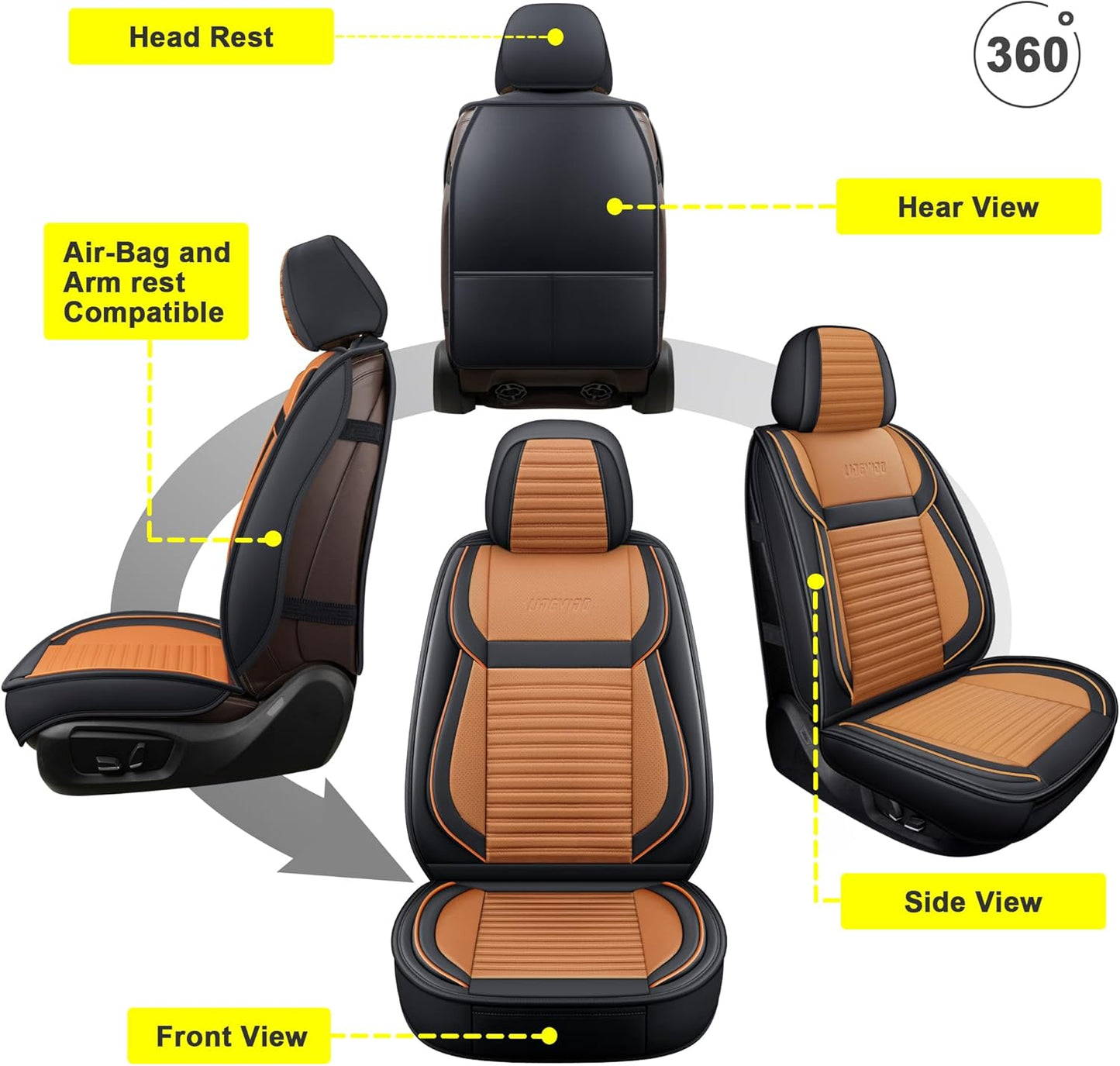 LINGVIDO Car Seat Covers, Breathable and Waterproof Faux Leather Automotive Seat Covers for Cars SUV Truck Sedan,Universal Anti-Slip Seat Cover with Backrest (Full Set, Brown & Black)