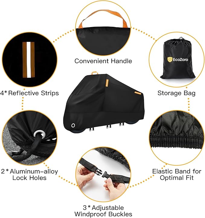 300D Heavy Duty Motorcycle Cover - All Season Waterproof Outdoor Protection with Lock-Holes, Night Reflective & Storage Bag Fits up to 86.6" Cruiser, Touring, Sportbike, Dirt Bike, Scooter