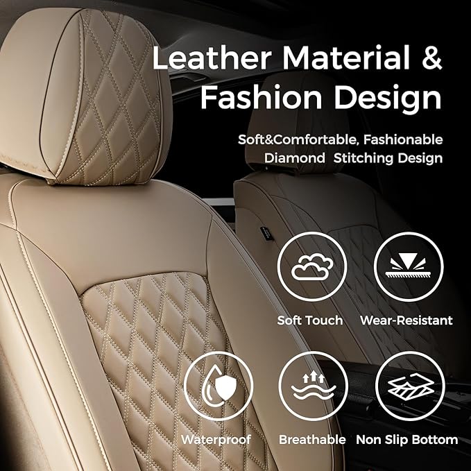 Huidasource Beige Seat Covers, Car Seat Covers Front ＆ Split Rear Bench, Seat Covers Full Set, Nappa Leather Seat Cover Protector Universal Fit for Most Cars, Vans, Trucks, SUVs (Full Set/Beige)
