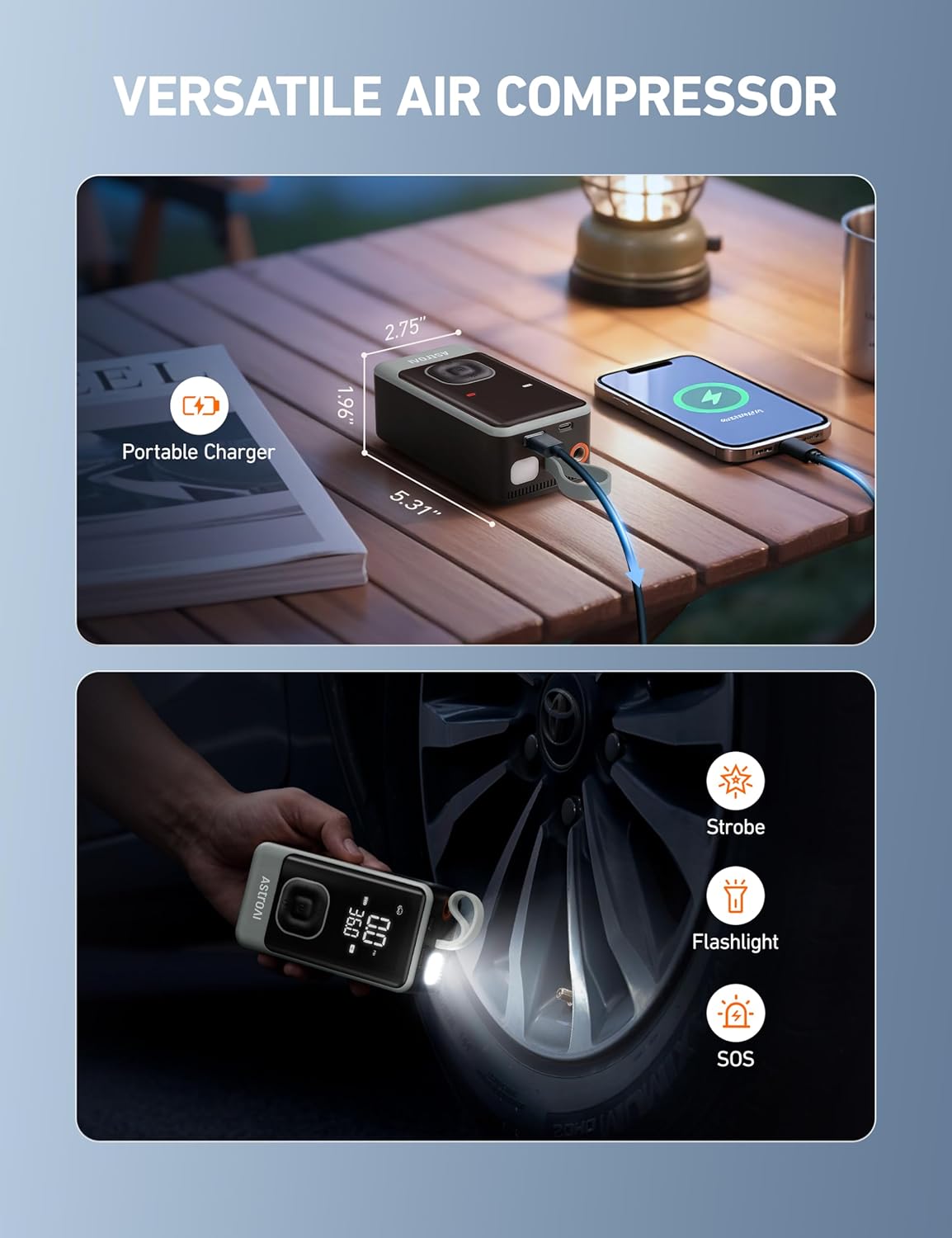 AstroAI L7 Air Tire Inflator Portable Air Compressor, 150PSI Electric Cordless Pump with Fast 1-min Inflation, Auto Shutoff, LED Light – Rechargeable for Car, SUV, Motorcycle, Bike Tires (Grey)