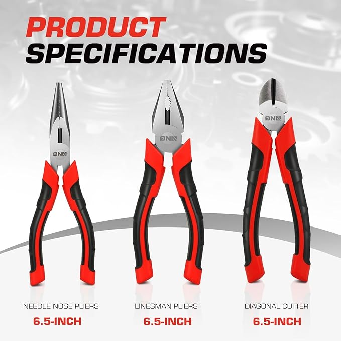 DNA Motoring TOOLS-00063 3 Piece Pliers Set – 6.5 inch Linesman Pliers w/Durable Jaws, Milled Teeth, Hot-Riveted Joint