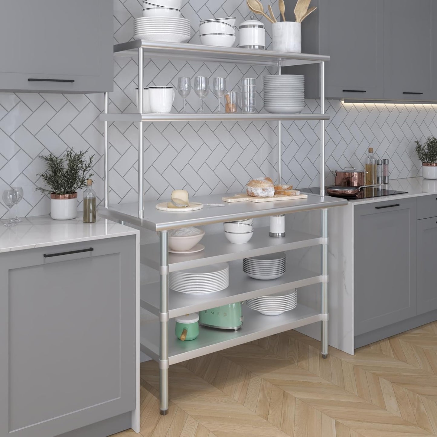 Amgood 24" x 48 Stainless Steel Work Table with 3 Shelves and 18" Wide Double Tier Overshelf | Metal Kitchen Prep Table & Shelving Combo | NSF