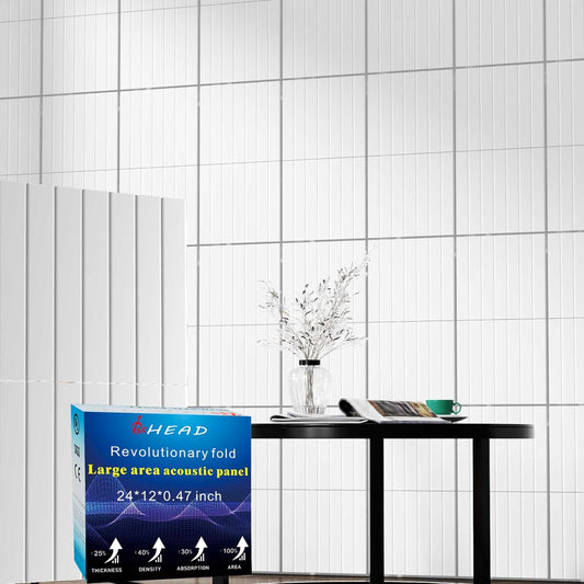 6 Pack Large Fold Soundproof Wall Panels, 24 x 12 x 0.47 in Sound Proof Foam Panels for Walls, 1.2lb/ft³ High Density, Thicker 0.47in, Acoustic Panels, Sound Dampening Panels White