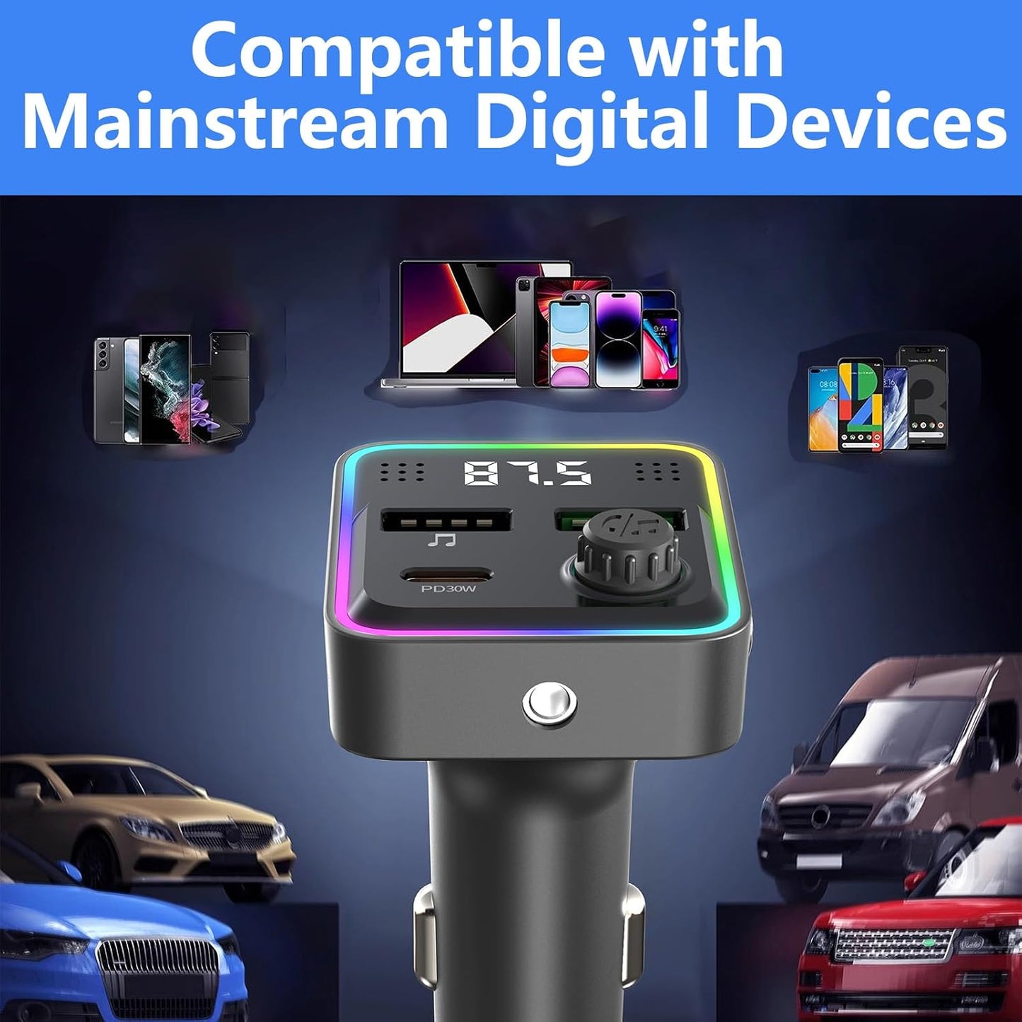 Bluetooth FM Transmitter for Car - Bluetooth Car Adapter with Type-C PD(30W) Charger, Dual QC3.0 USB Port, Aux Port - Support Handsfree Calling, 7 Colors Backlight, U Disk, MP3 Player