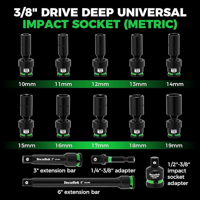 14 PCS 3/8" Drive Deep Universal Impact Socket Set, Swivel Socket Set, 10-19mm, Metric Socket Set with Flexible Wobble, Cr-Mo Steel, Includes Extension Bars and Adapter