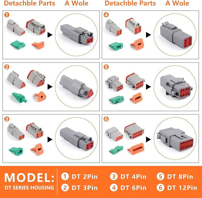 Newdeli Deutsch Connector Kit 188Pcs 12 Sets 2 3 4 6 8 12 Pin Connectors with Size 16 Stamped Contacts 14-20AWG DT Series Sealed Waterproof Automotive Electrical Wire Connectors
