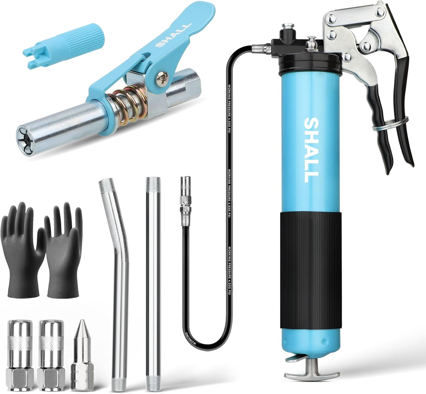 SHALL Grease Gun, 7000 PSI Heavy Duty Pistol Grip Grease Gun Kit w/Grease Gun Coupler, 18” Spring Flex Hose, Reinforced Coupler, 2 Extension Rigid Pipe, Sharp Nozzle, Fittings Cleaner | 14oz Load