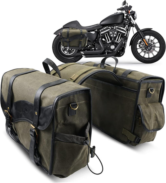 NICECNC Motorcycle Saddlebags Vintage Oil Waxed Canvas Leather, 30L Throw Over Saddle Bags Side Luggage Bags for Men Women Camping, Compatible with Harley, Honda, Suzuki, Yamaha, Adventure, Green
