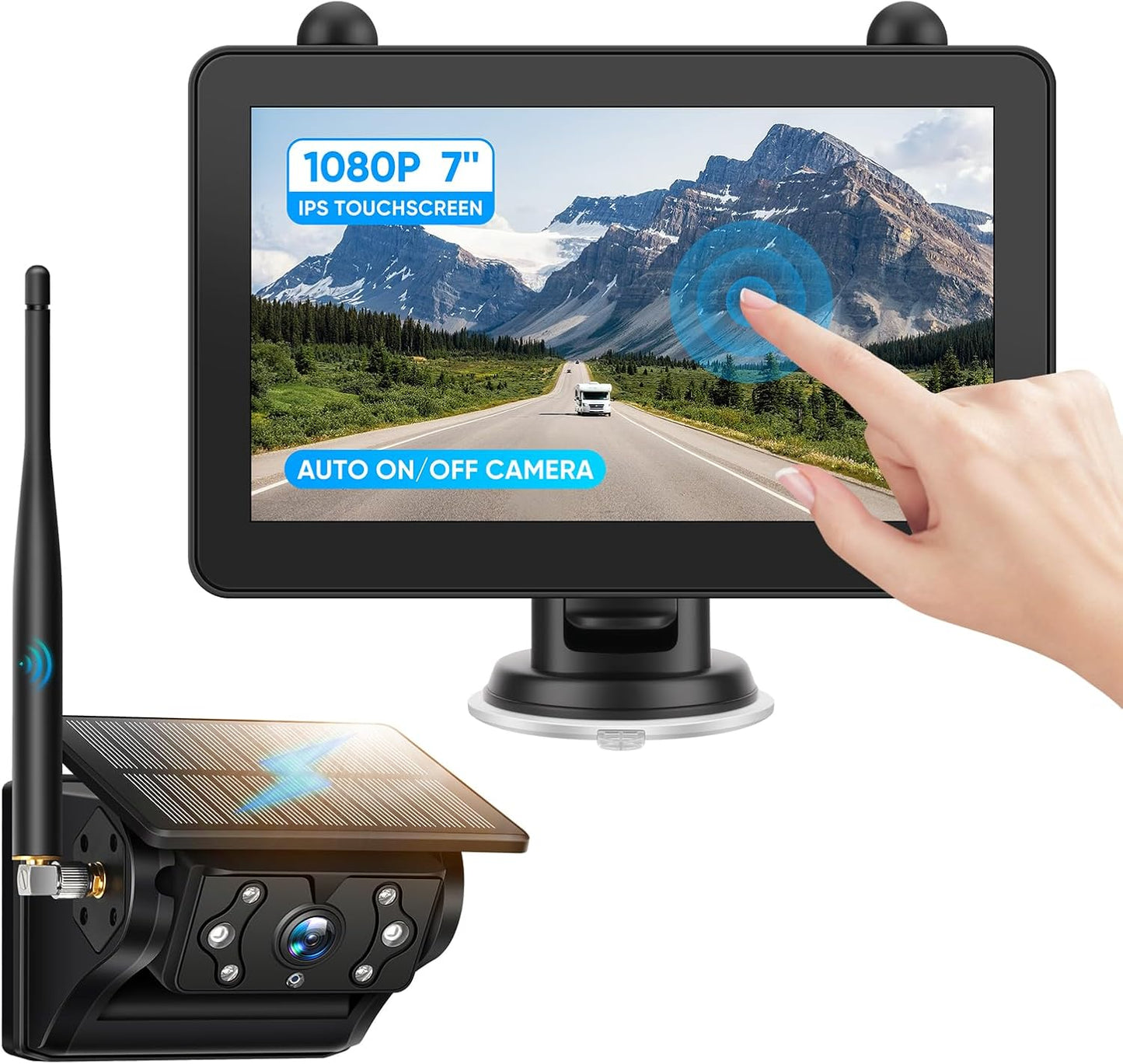 Magnetic Solar Wireless Backup Camera System with 7" IPS Touchscreen Monitor, 2K Rechargeable Auto On Off Rear View Camera with DVR Loop Recording for RV, Camper, Trailer, Trucks