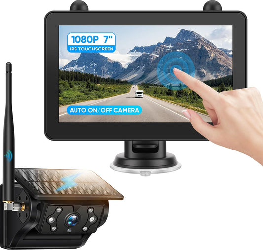 Magnetic Solar Wireless Backup Camera System with 7" IPS Touchscreen Monitor, 2K Rechargeable Auto On Off Rear View Camera with DVR Loop Recording for RV, Camper, Trailer, Trucks