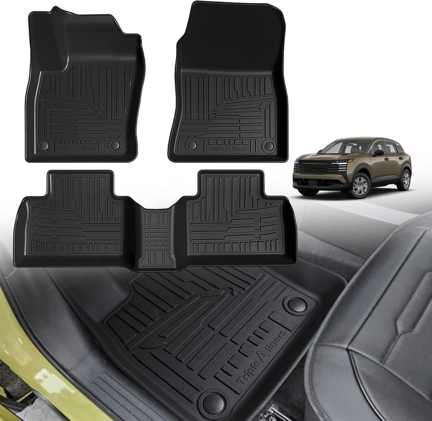 TripleAliners All Weather Floor Mats Compatible with 2025 Nissan Kicks Interior Accessories 1st & 2nd Row Floor Liners Custom Fit Anti-Slip TPE Full Coverage Protection Waterproof Car Mats
