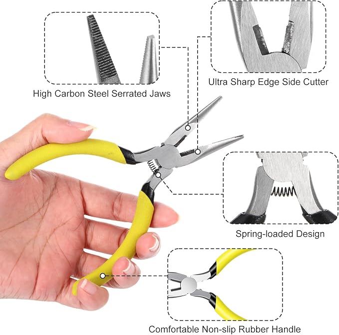 5" Needle Nose Pliers-15 Pack, Long Nose Pliers Set with Side Cutter, Mini Fine Needle Nose Pliers with Serrated Jaws, Precision Small Needle Nose Pliers for Jewelry Making/Electronics/Craft