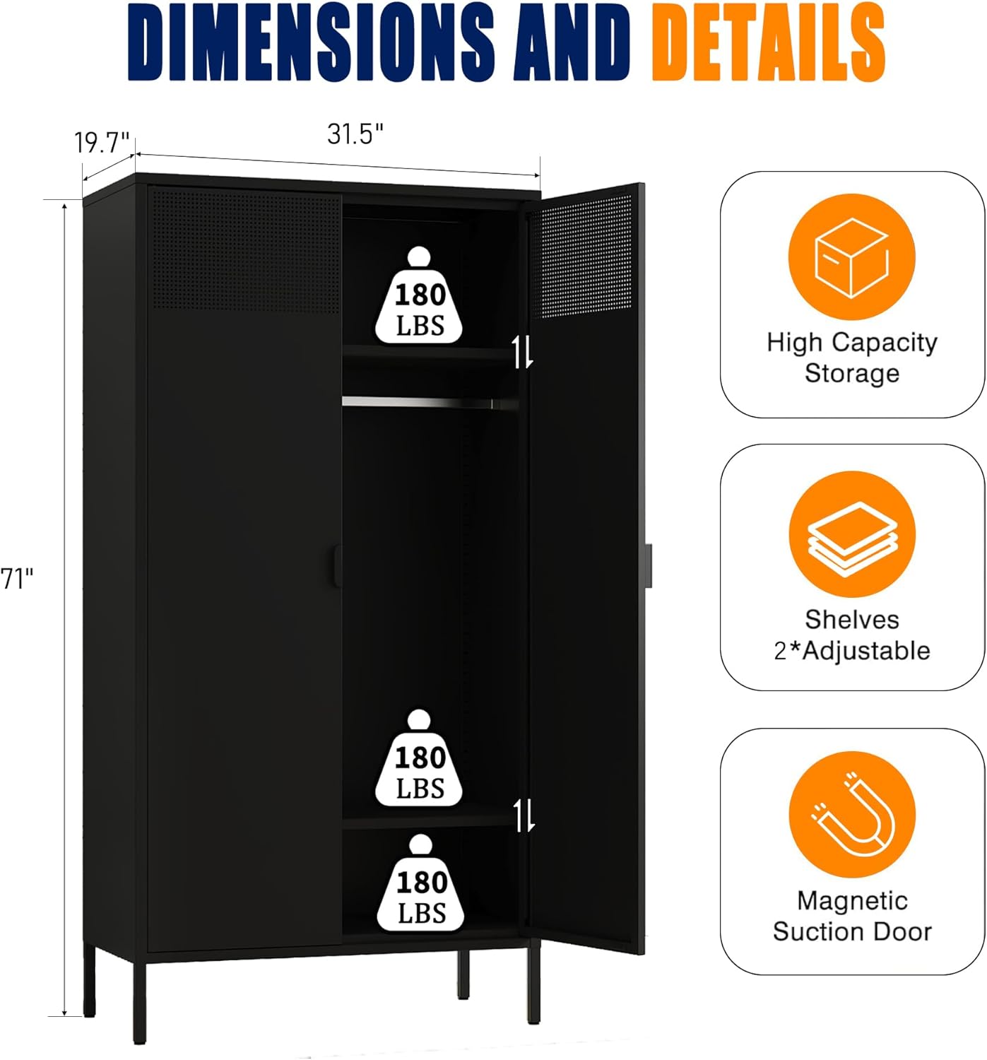 Metal Storage Cabinets Locker with Hanging Rod and Adjustable Shelves, 71'' Clothing Steel Storage Wardrobe for Home & Office, School, Employee,Gym(Black, 71''H-Wardrobe)