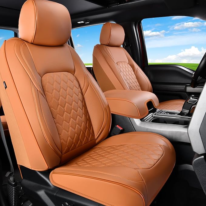 Huidasource F150 Truck Seat Covers Fit for 2015-2025 Ford F150 & 2017-2025 F250 F350 F450 Crew Cab XL XLT Lariat King Ranch Platinum, Full Coverage Leather Automotive Seat Cover(Full Set/Brown)